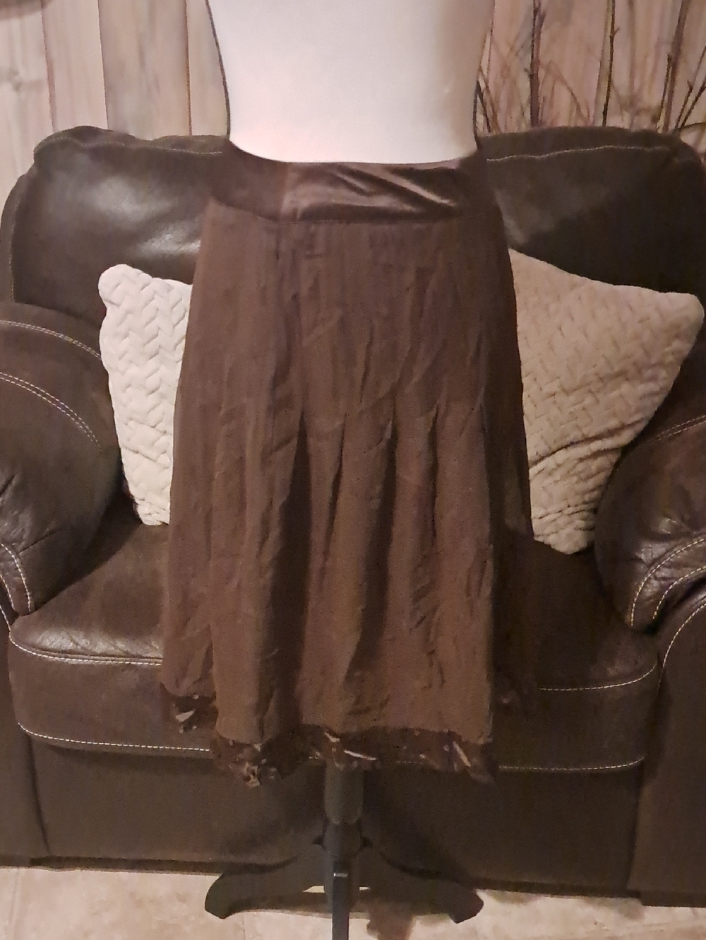 Worthington Brown 100% Silk A-Line Lined Skirt with Hem Detail Size 14